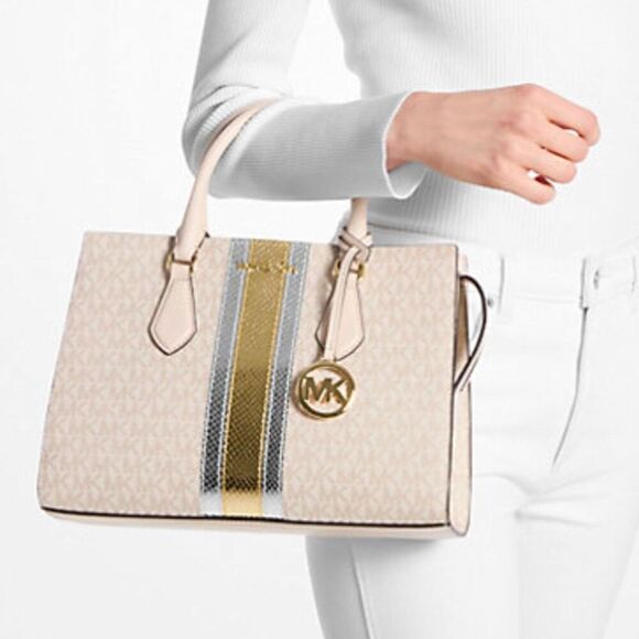 Michael Kors Sheila Medium Satchel Pale Gold Top Handle Bag - Picture 3 of 13